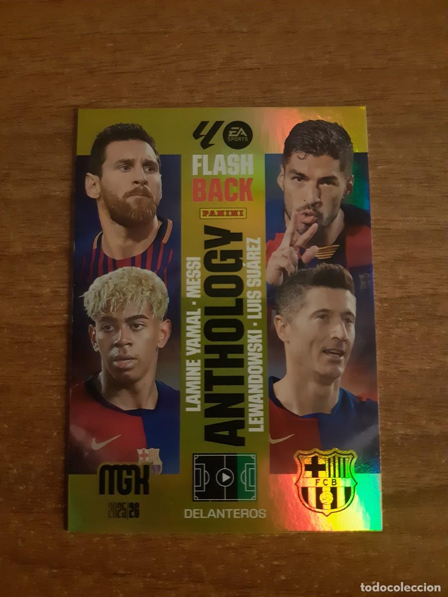 Cromos de F&uacute;tbol: N&deg;438 LAMINE YAMAL MESSI FLASHBACK ANTHOLOGY BARCELONA MGK 25-26 PANINI MEGACRACKS 2025 2026. NUEVO