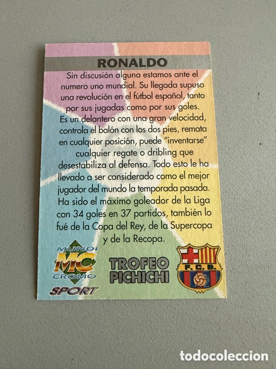 Cromos de F&uacute;tbol: RONALDO NAZARIO (F.C. BARCELONA). CROMO COLECCI&Oacute;N MUNDI CROMO TROFEO PICHICHI 97/98.