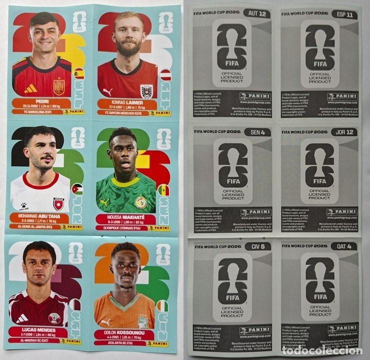Cromos de F&uacute;tbol: L&aacute;mina 6 Stickers - Panini FIFA World Cup 2026 Pedri Mendes Laimer Abu Tana Makhat&eacute; Kossounou