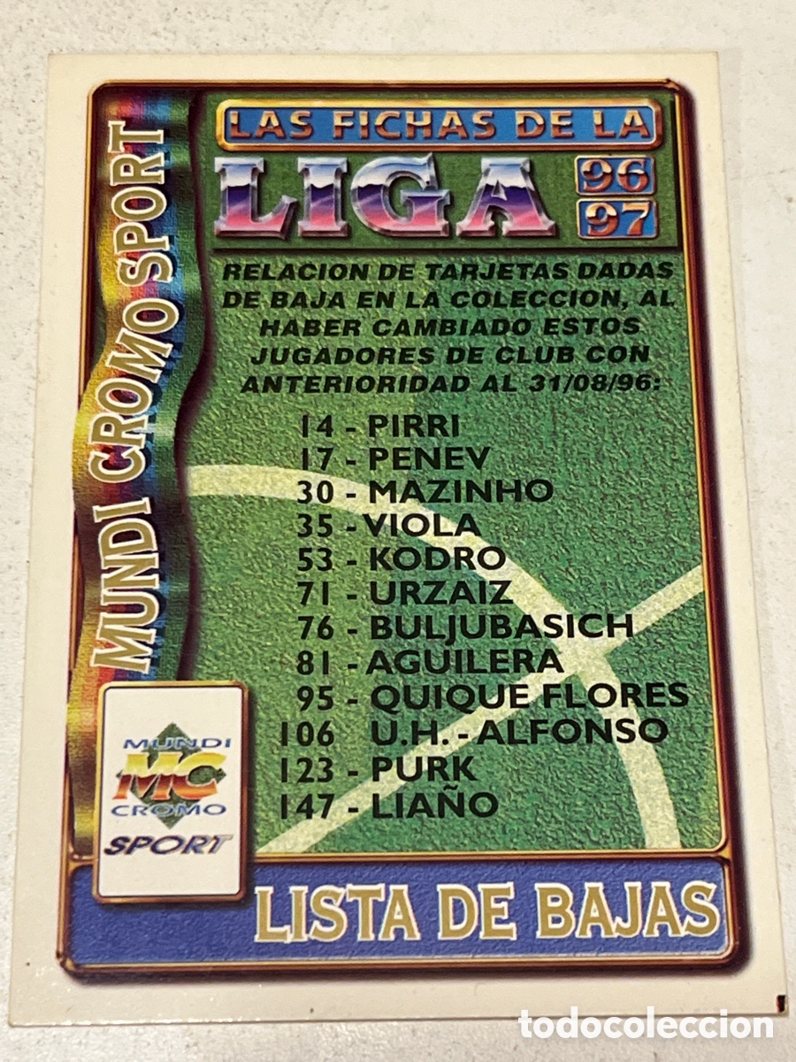 Cromos de F&uacute;tbol: Cromo Mundi Cromo LISTA DE BAJAS Liga 96/97