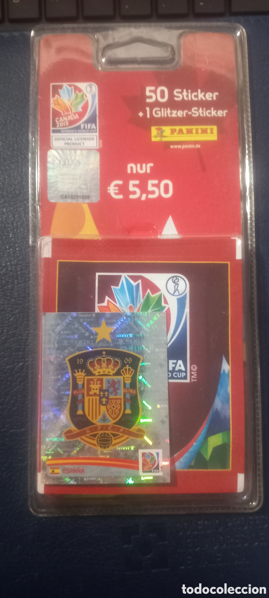 Cromos de F&uacute;tbol: Blister PANINI CANADA 2015 SIN ABRIR, 10 SOBRES (50 STICKERS) + ESCUDO SELECCI&Oacute;N ESPA&Ntilde;OLA