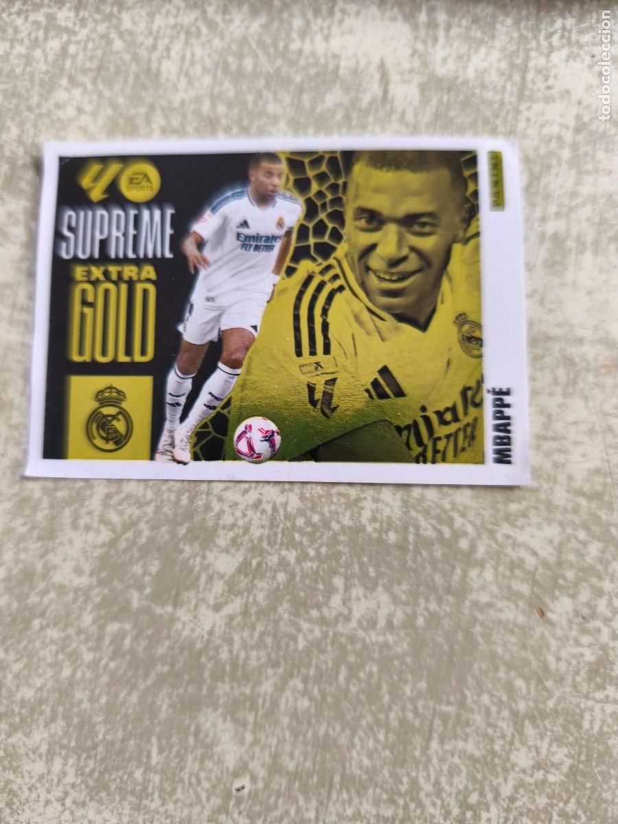 Cartes &agrave; collectionner de Football: Cromo Mbappe extra gold supreme real Madrid liga 25 26 panini nunca pegado