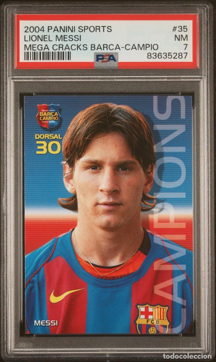 Cromos de F&uacute;tbol: Rookie Messi #35 FC Barcelona Panini Megacracks Bar&ccedil;a Campio 2004 PSA 7