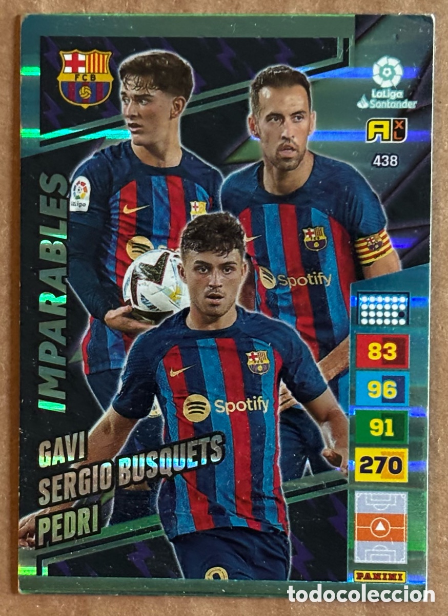Football Stickers: GAVI, BUSQUETS Y PEDRI (FC BARCELONA). CARTA IMPARABLES ADRENALYN XL LA LIGA 2022-23. #438.