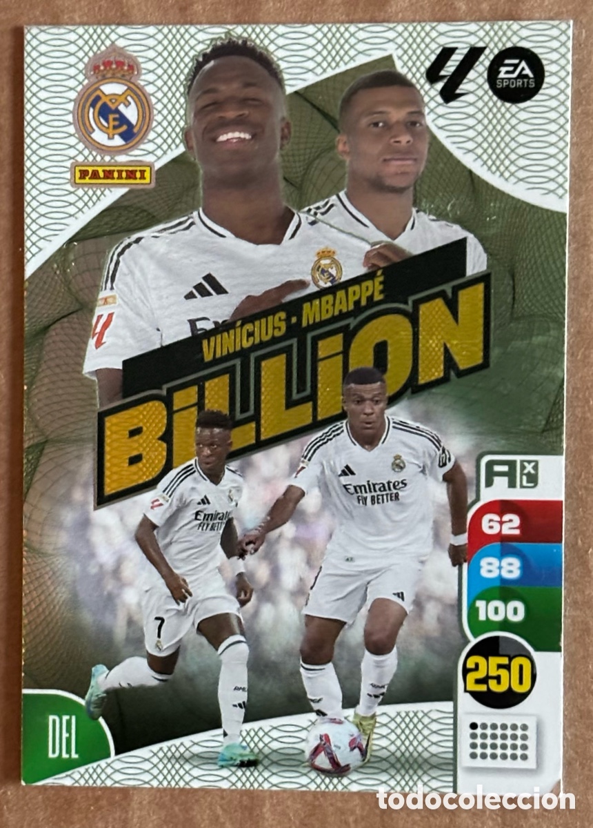 Fu&szlig;ball-Sticker: VINICIUS & MBAPP&Eacute; (REAL MADRID). CARTA BILLION PANINI ADRENALYN XL 2025/26.