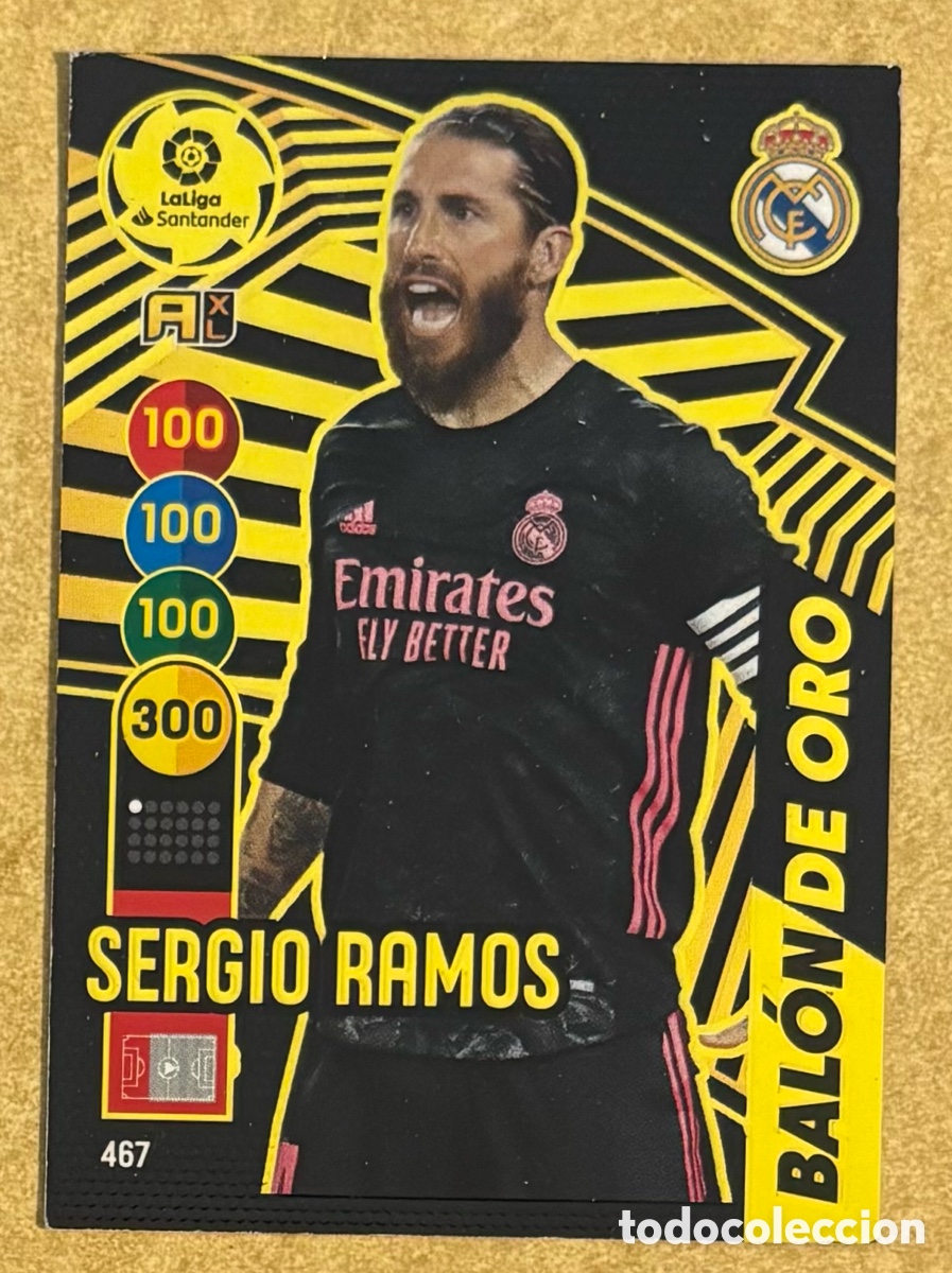Football Stickers: SERGIO RAMOS (REAL MADRID). CARTA BAL&Oacute;N DE ORO PANINI ADRENALYN XL LA LIGA 2020-21. #467.