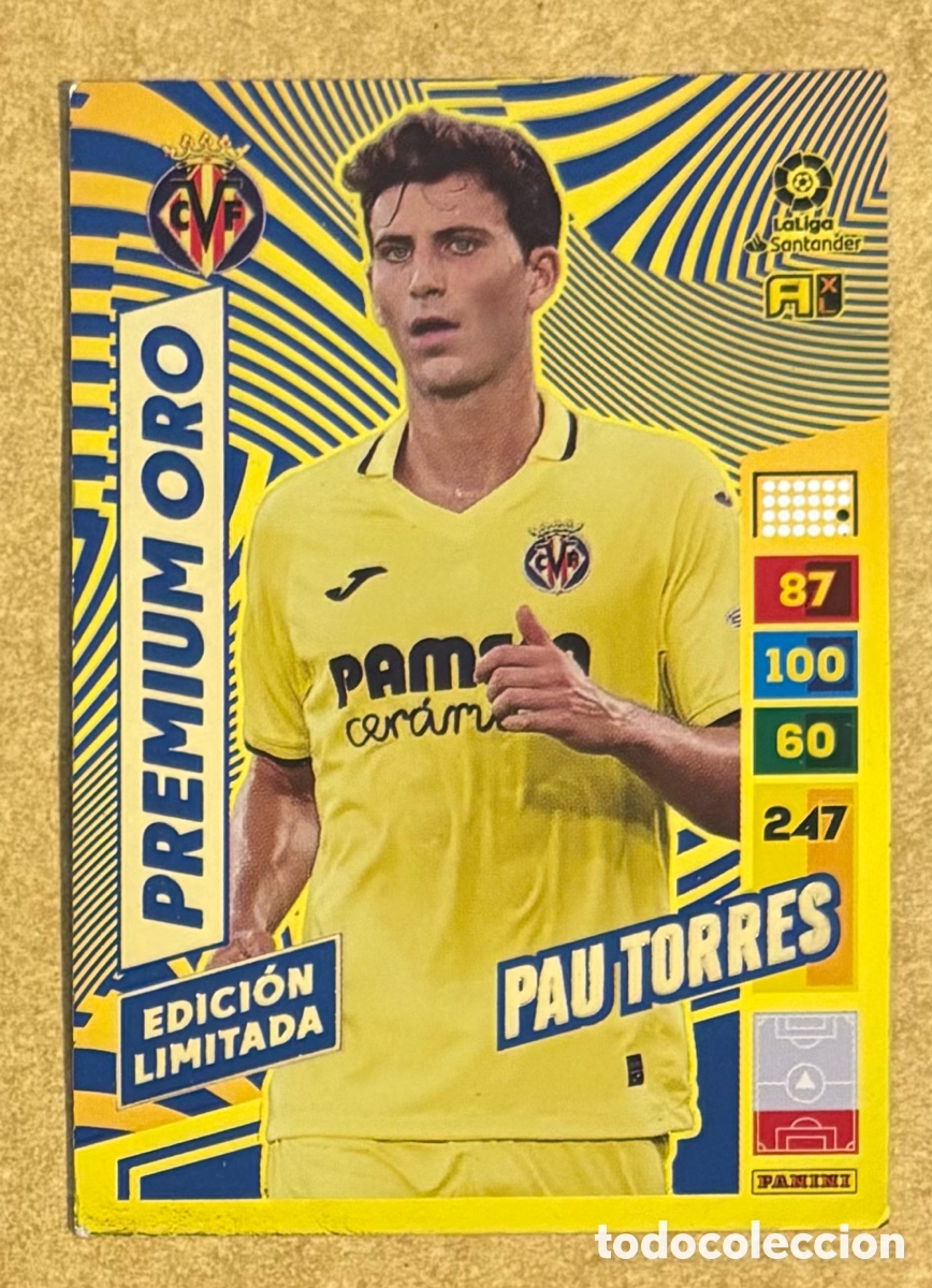 Fu&szlig;ball-Sticker: PAU TORRES (VILLARREAL). CARTA PREMIUM ORO EDICI&Oacute;N LIMITADA PANINI ADRENALYN XL LA LIGA 2022-23.