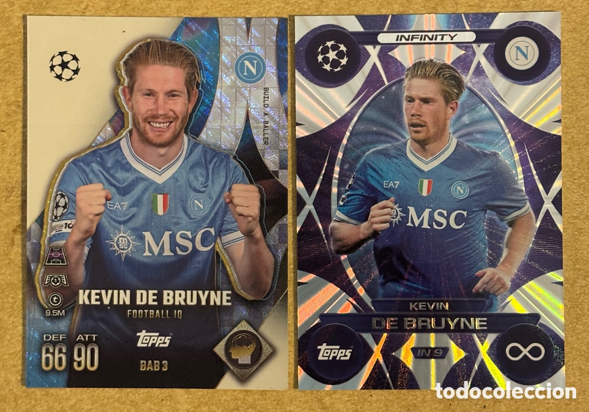 Cromos de F&uacute;tbol: KEVIN DE BRUYNE (NAPOLI). 2 CARTAS INFINITY Y BUILD A BALLER TOPPS MATCH ATTAX EXTRA UCL 2025-26.
