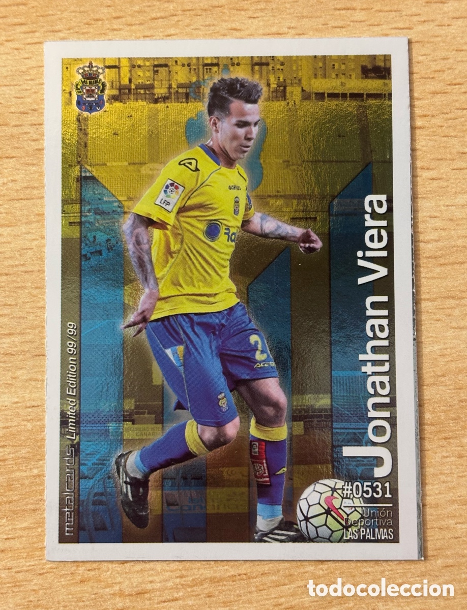 Fu&szlig;ball-Sticker: # 531 Jonathan Viera Las Palmas Mundicromo 2016 Metalcard Limited Edition brillo liso