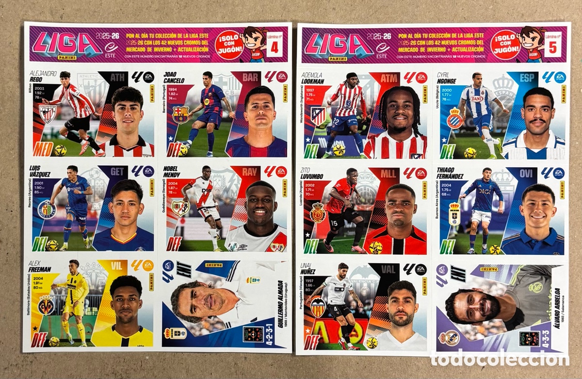 Figurine di Calcio: LOTE 2 L&Aacute;MINAS CON 6 CROMOS COLECCI&Oacute;N PANINI LA LIGA 2025-26. L&Aacute;MINAS 4 y 5.