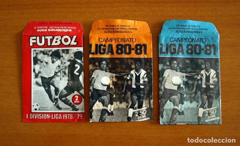 Figurine di Calcio: Sobres de cromos vacios, sin cromos - 3 sobres -Ediciones Este 78-79 rojo y 80-81 azul y naranja