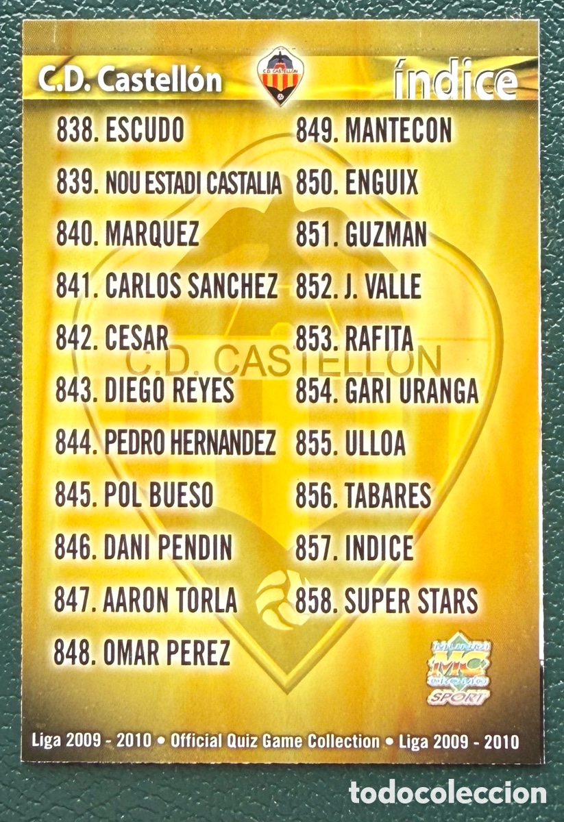 Cromos de f&uacute;tbol: 857 INDICE CD CASTELLON FICHAS ALBUM MUNDICROMO 2009 2010 09 10