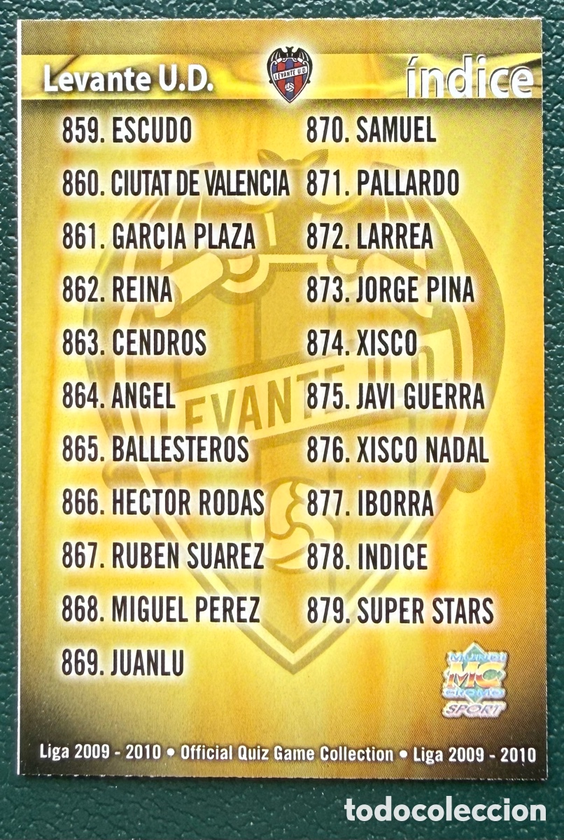 Cromos de f&uacute;tbol: 878 INDICE LEVANTE UD FICHAS ALBUM MUNDICROMO 2009 2010 09 10