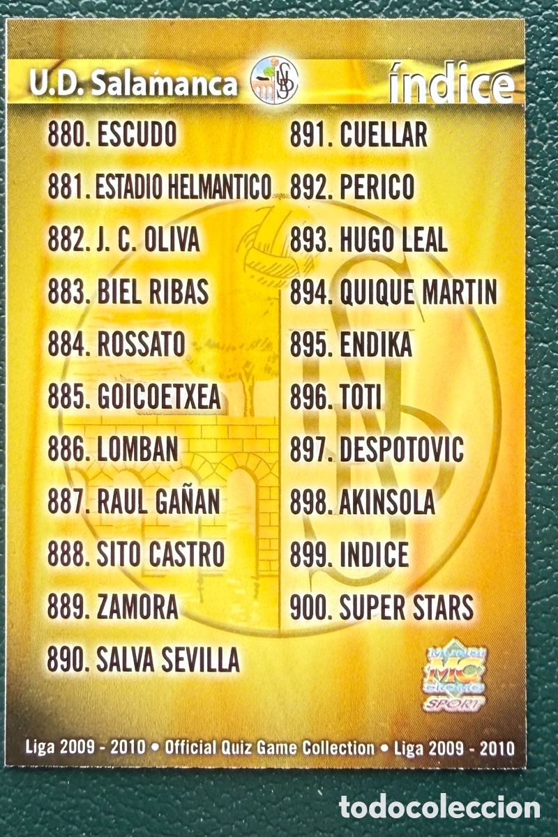 Cromos de f&uacute;tbol: 899 INDICE UD SALAMANCA FICHAS ALBUM MUNDICROMO 2009 2010 09 10