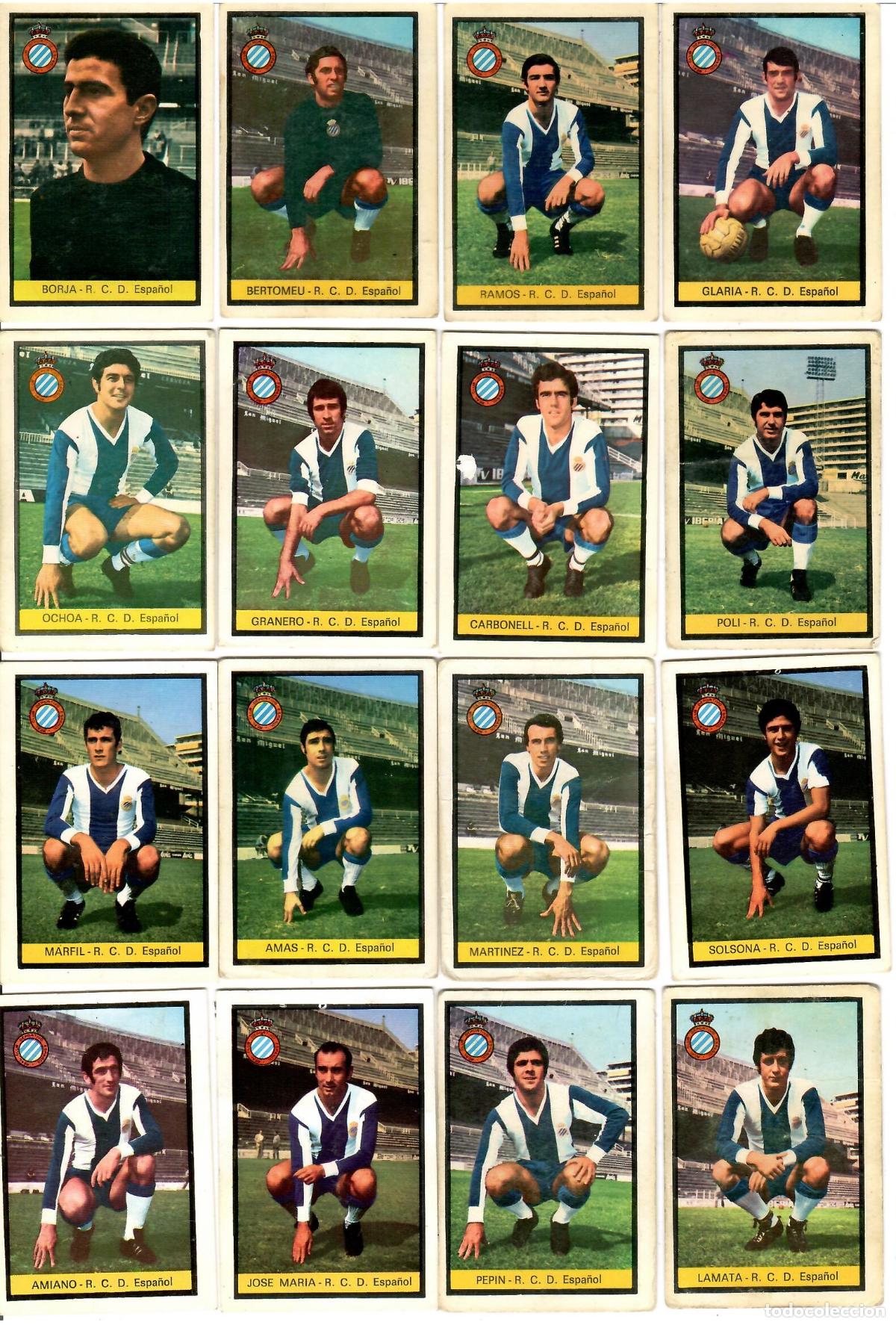 Cromos de F&uacute;tbol: R.C.D. Espa&ntilde;ol: Lote de 16 cromos de futbol album 1972-73 FHER - Equipo completo