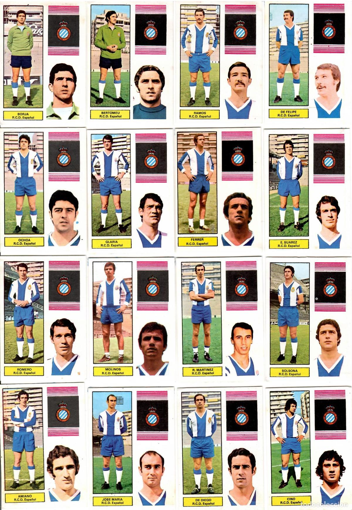 Cromos de F&uacute;tbol: R.C.D. Espa&ntilde;ol: Lote de 16 cromos de futbol album 1974-75 FHER - Equipo completo