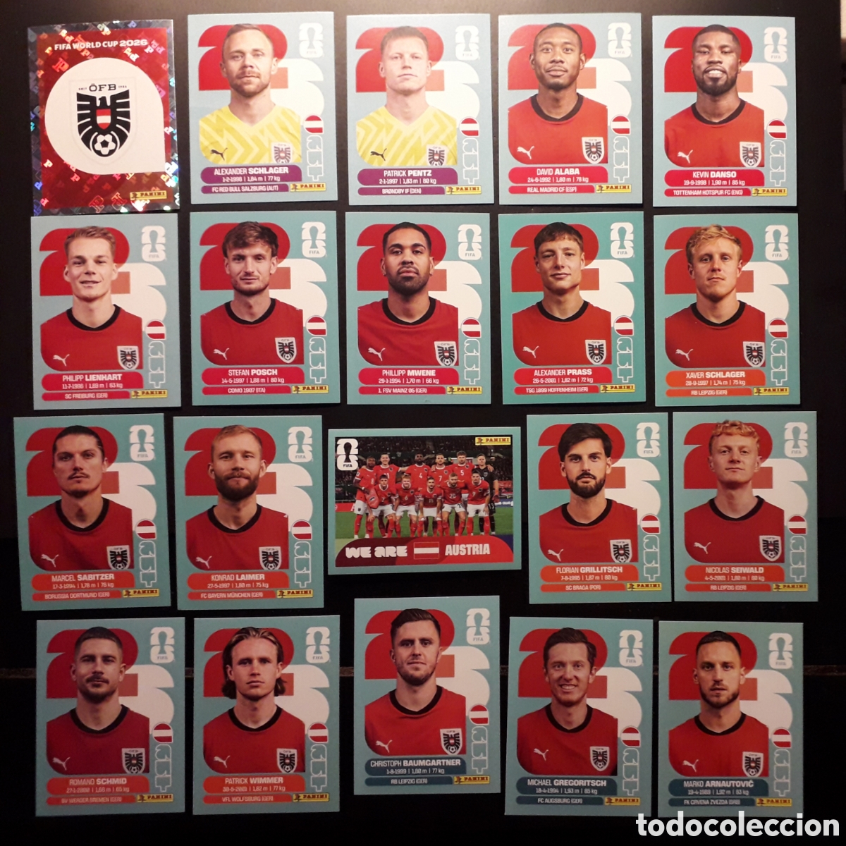 Cromos de F&uacute;tbol: 20 CROMOS AUSTRIA, EQUIPO COMPLETO MUNDIAL F&Uacute;TBOL 2026 FIFA WORLD CUP PANINI SIN PEG PEDIDO M&Iacute;NIM 3&euro;