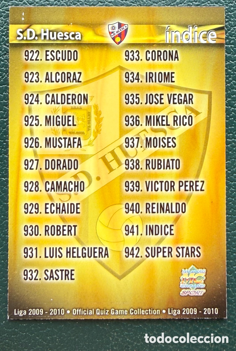 Cromos de F&uacute;tbol: 941 INDICE SD HUESCA FICHAS ALBUM MUNDICROMO 2009 2010 09 10