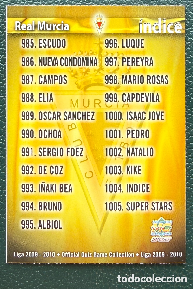 Football Stickers: 1004 INDICE REAL MURCIA FICHAS ALBUM MUNDICROMO 2009 2010 09 10