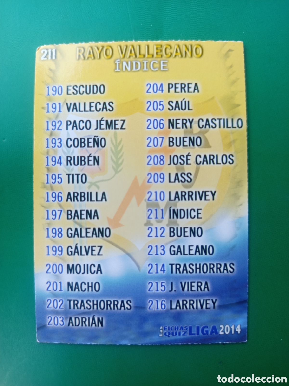 Fu&szlig;ball-Sticker: ❇️ CROMO CARD ⚽ &Iacute;NDICE RAYO VALLECANO 211 FICHAS LIGA QUIZ GAME 2014 13 14 2013 2014 MUNDICROMO ❇️