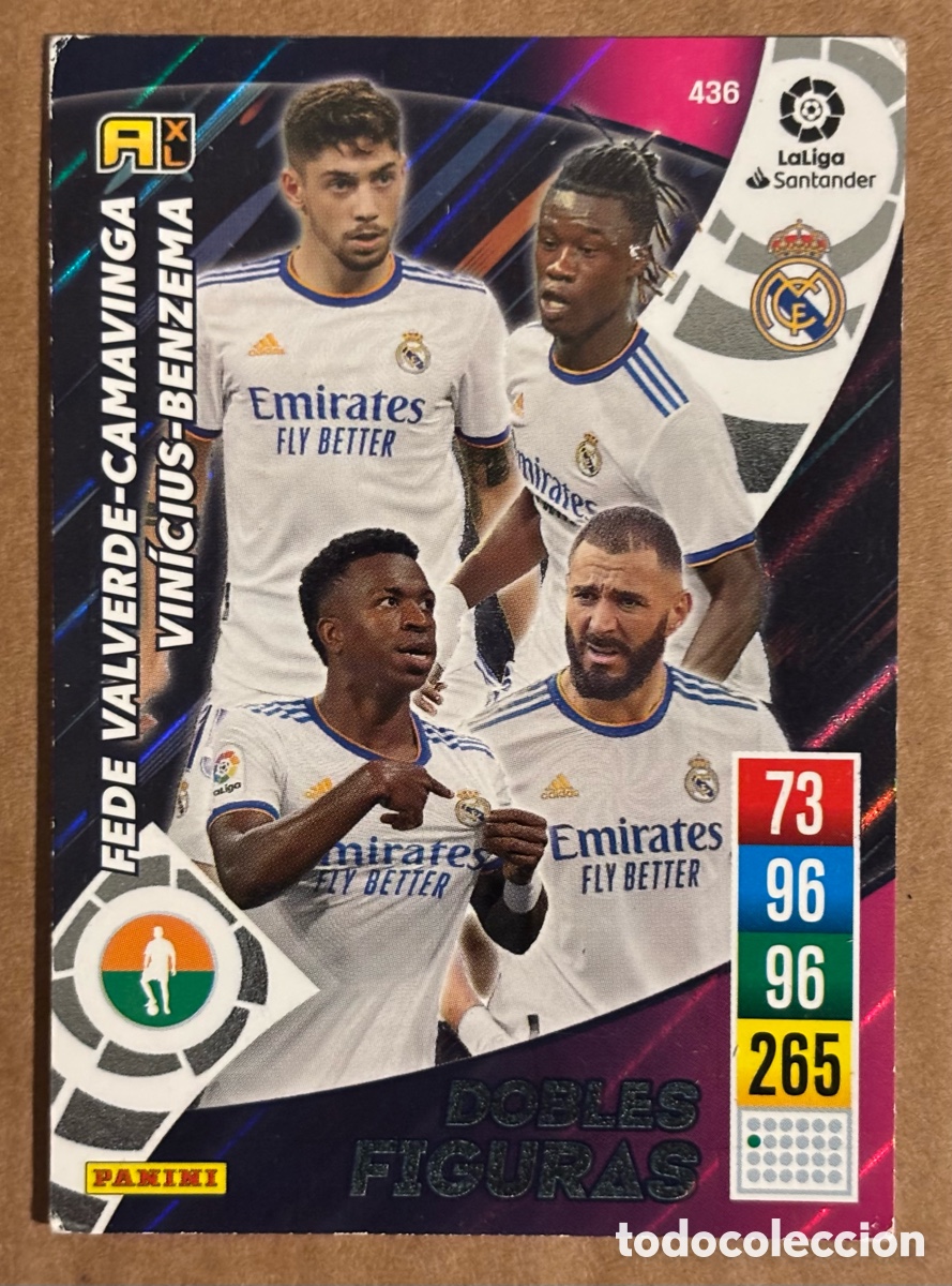 Cromos de f&uacute;tbol: VALVERDE CAMAVINGA VINICIUS BENZEMA. CARTA DOBLES FIGURAS PANINI ADRENALYN XL LIGA 2021/22. #436