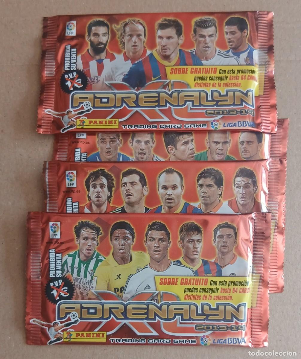 Figurine di Calcio: LOTE DE 4 SOBRES GRATUITOS PRECINTADOS DIFERENTES CON MESSI ADRENALYN XL LIGA 2013-2014.