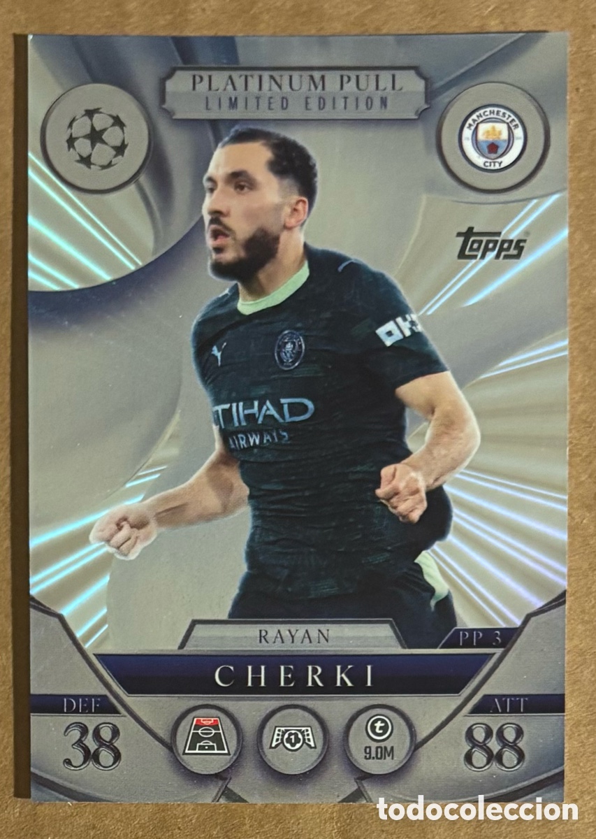 Cromos de Futebol: RAYAN CHERKI (MANCHESTER CITY). CARTA PLATINUM PULL LIMITED EDITION TOPPS MATCH ATTAX 2025/26.
