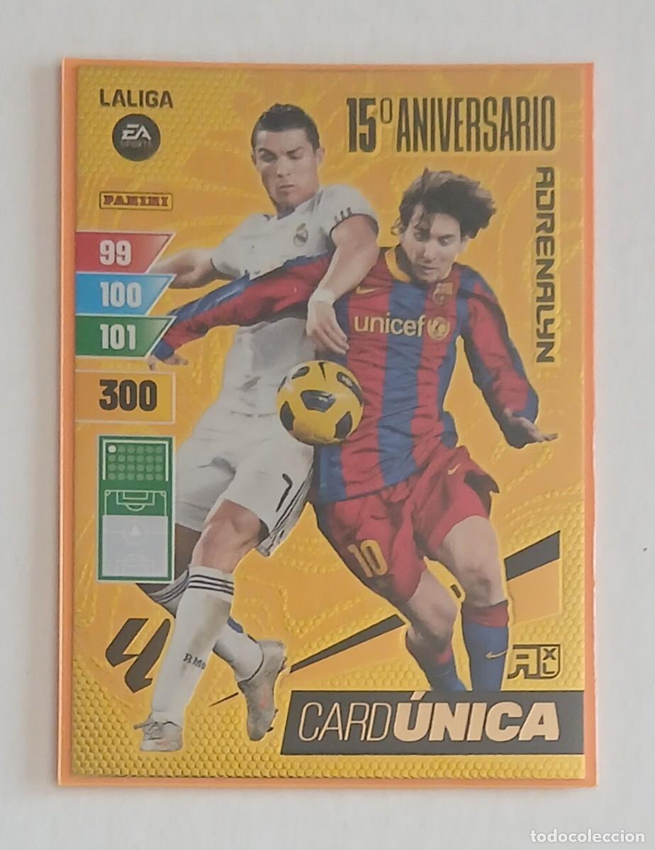 Figurine di Calcio: CROMO CARD &Uacute;NICA MESSI Y CRISTIANO RONALDO 15&ordm; ANIVERSARIO ADRENALYN 2023-2024 DE PANINI. Nuevo.