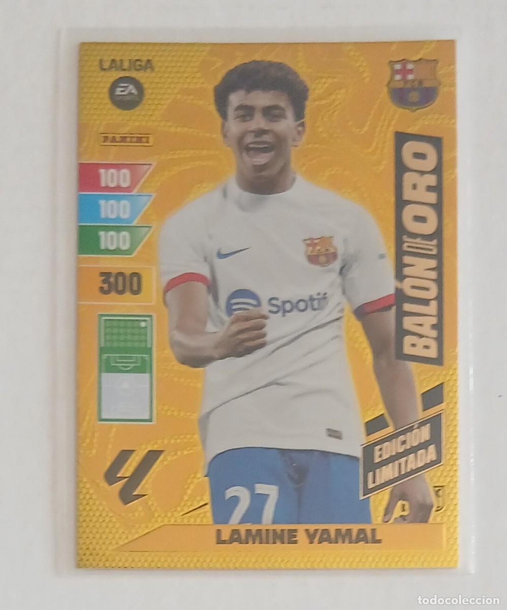 Figurine di Calcio: CROMO LAMINE YAMAL BARCELONA BAL&Oacute;N DE ORO EDICI&Oacute;N LIMITADA ADRENALYN 2023-2024 DE PANINI. Nuevo.