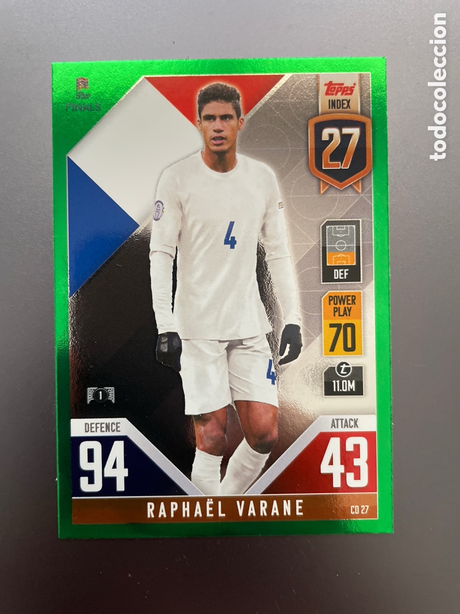 Football Stickers: Varane CD27 Green Paralela Topps Match Attax Road to Finals UEFA Nations League 2022-23 Francia