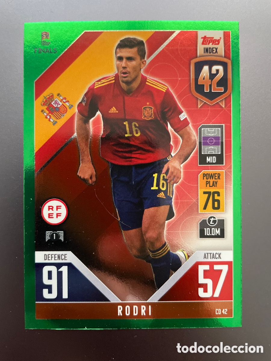 Cromos de f&uacute;tbol: Rodri CD 42 Green Paralela Topps Match Attax Road to Finals UEFA Nations League 2022-23 Espa&ntilde;a