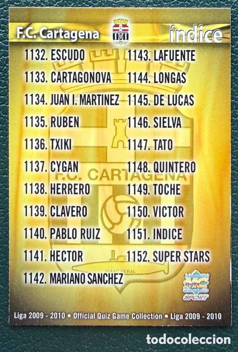 Cromos de f&uacute;tbol: 1151 INDICE FC CARTAGENA FICHAS ALBUM MUNDICROMO 2009 2010 09 10