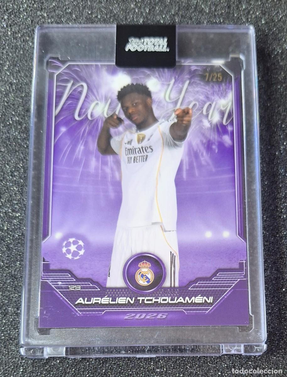 Cromos de f&uacute;tbol: Aurelien Tchouameni Real Madrid Topps Total Football 7/25 New Year Purple Caja Magnetica