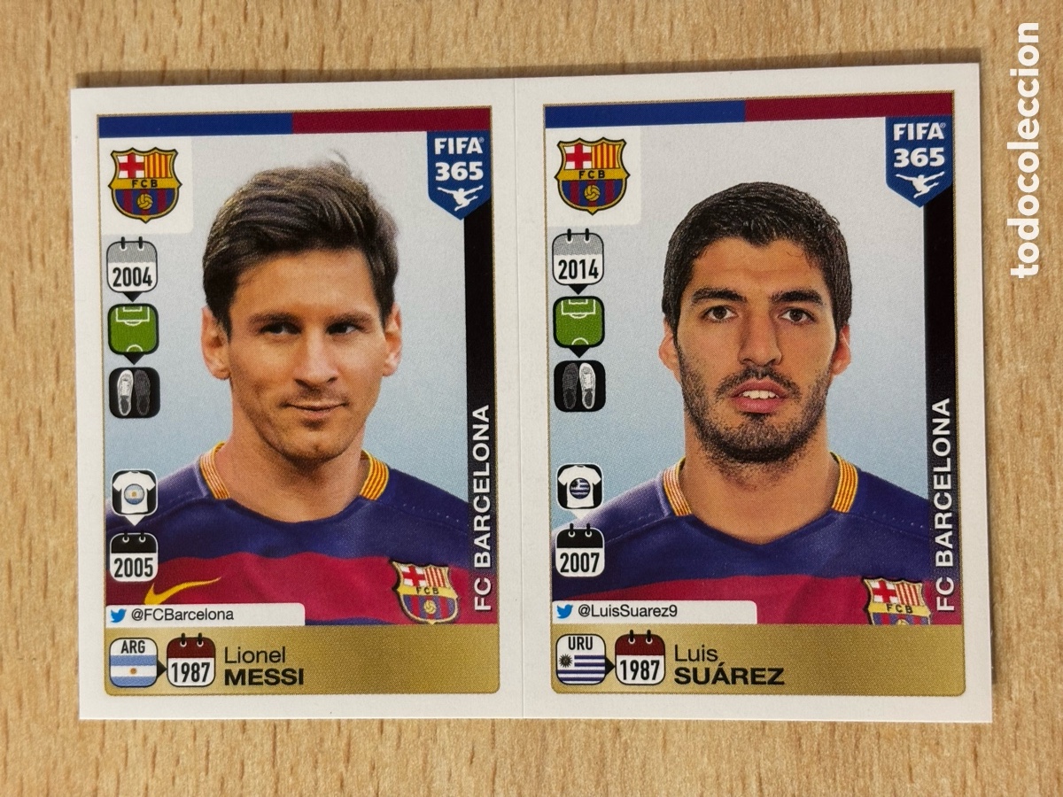 Cromos de f&uacute;tbol: # 367 Messi 368 Luis Su&aacute;rez FC Barcelona FIFA 365 2015-16 Panini