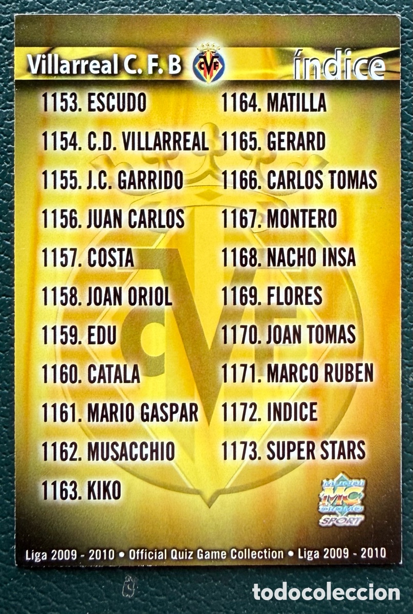 Cromos de f&uacute;tbol: 1172 INDICE VILLARREAL CF B FICHAS ALBUM MUNDICROMO 2009 2010 09 10