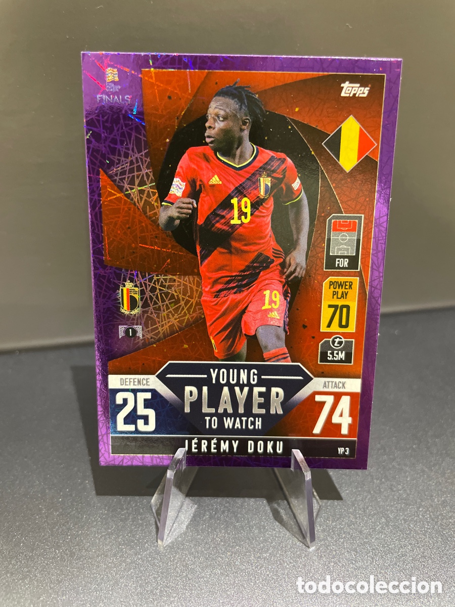 Cromos de f&uacute;tbol: Doku YP3 Prizm Purple Topps Match Attax Road to Finals UEFA Nations League 2022-23 Belgica
