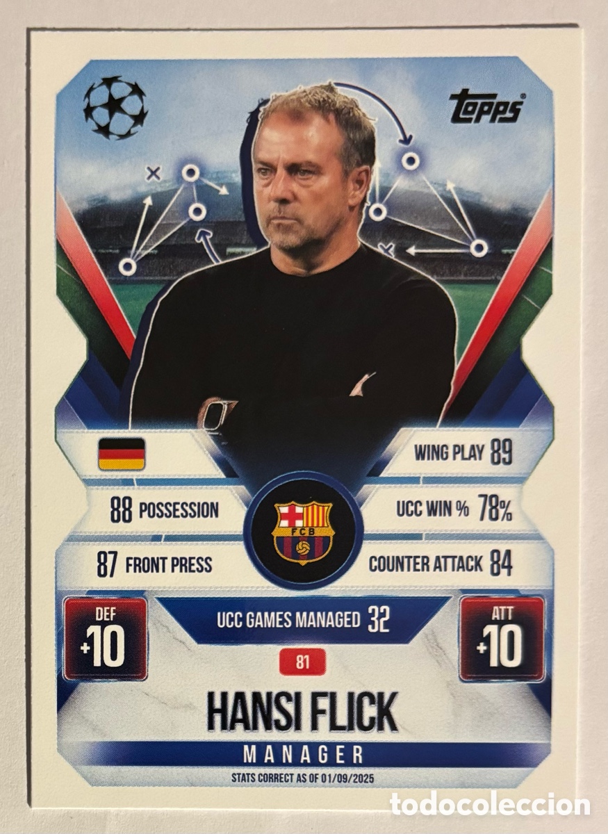 Cromos de f&uacute;tbol: HANSI FLICK (FC BARCELONA). CARTA TOPPS MATCH ATTAX 2025/26.