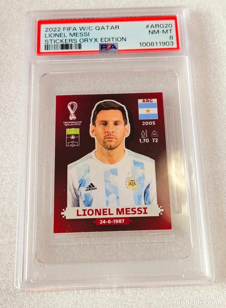 Football Stickers: 2022 Panini World Cup Lionel Messi #ARG20 Oryx Edition PSA 8 Graded sticker