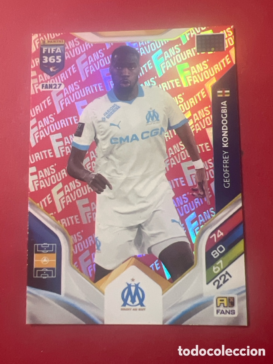Cromos de f&uacute;tbol: E1420. CROMO FAN27 KONDOGBIA MARSELLA FANS' FAVOURITE FONDO ROJO ADRENALYN XL FIFA 365 2025-2026.