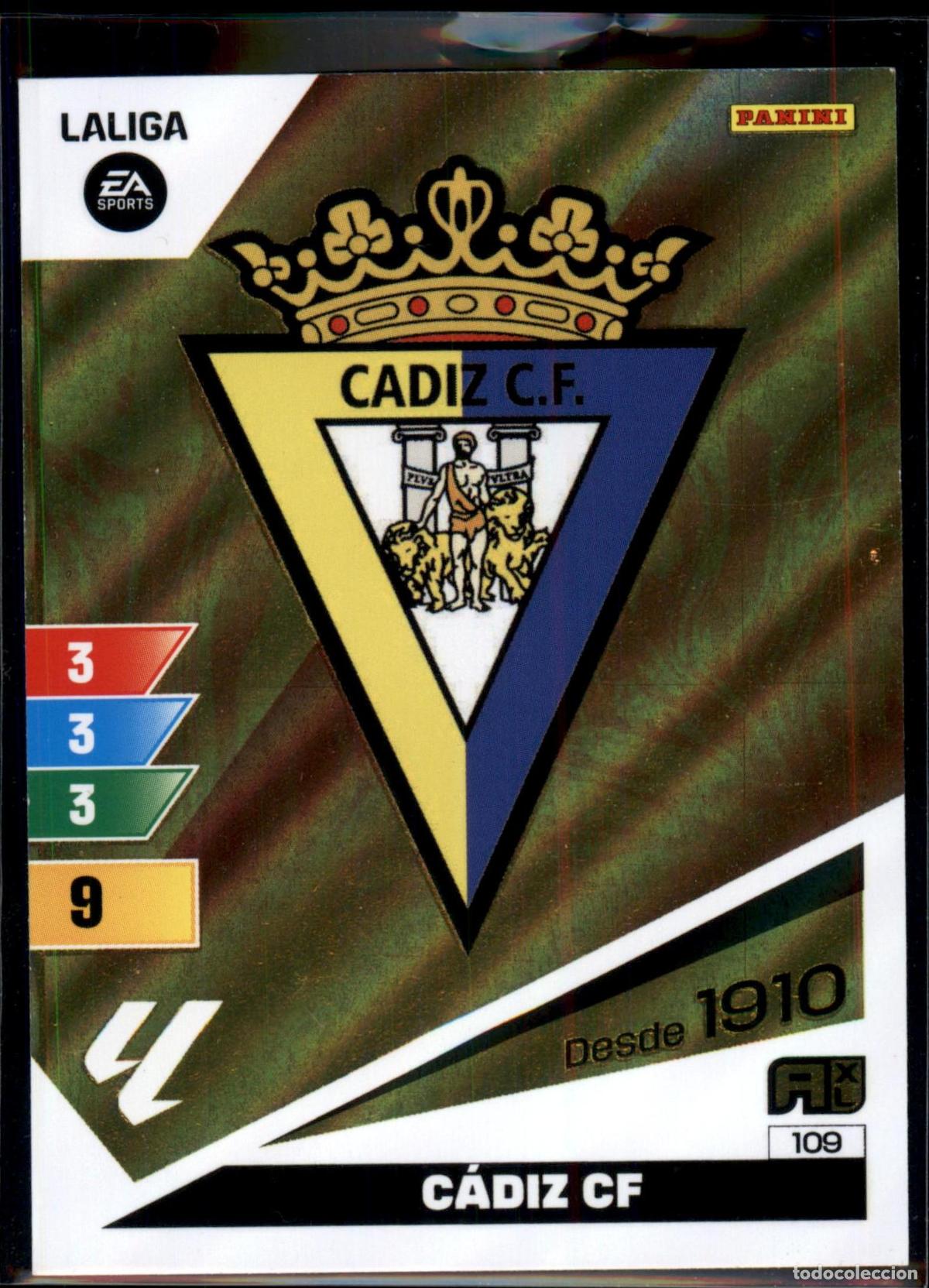 Cromos de f&uacute;tbol: Escudo C&aacute;diz CF N&ordm; 109 LaLiga Santander Adrenalyn XL 2023 2024 Panini 24 25