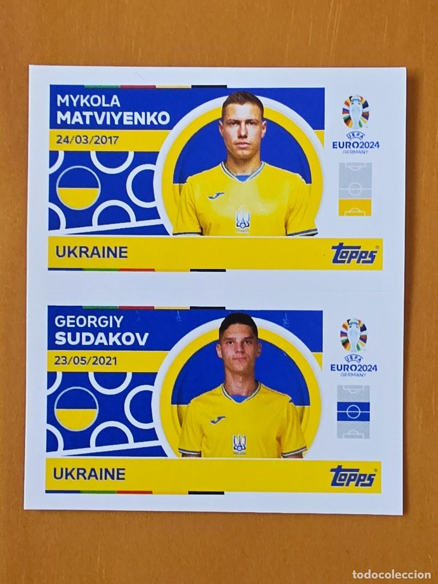 Cromos de f&uacute;tbol: UKR 8 y 9 Mykola Matviyenko / Sudakov, Ucrania, Topps UEFA Euro 2024, Eurocopa Germany 24 sticker