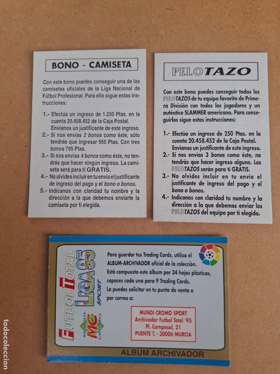 Fu&szlig;ball-Sticker: F&Uacute;TBOL TOTAL LIGA 94 95 1994 1995 - MUNDICROMO - 3 PUBLICITARIAS BONO CAMISETA PELOTAZO ... - CP9