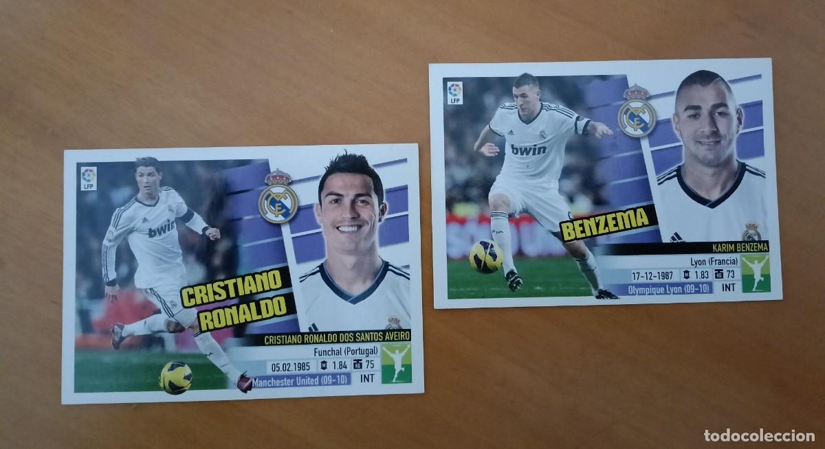 Cromos de f&uacute;tbol: Lote de 2. Cristiano Ronaldo y Benzem&aacute;. Real Madrid. Panini. Liga Este 2013, 14.