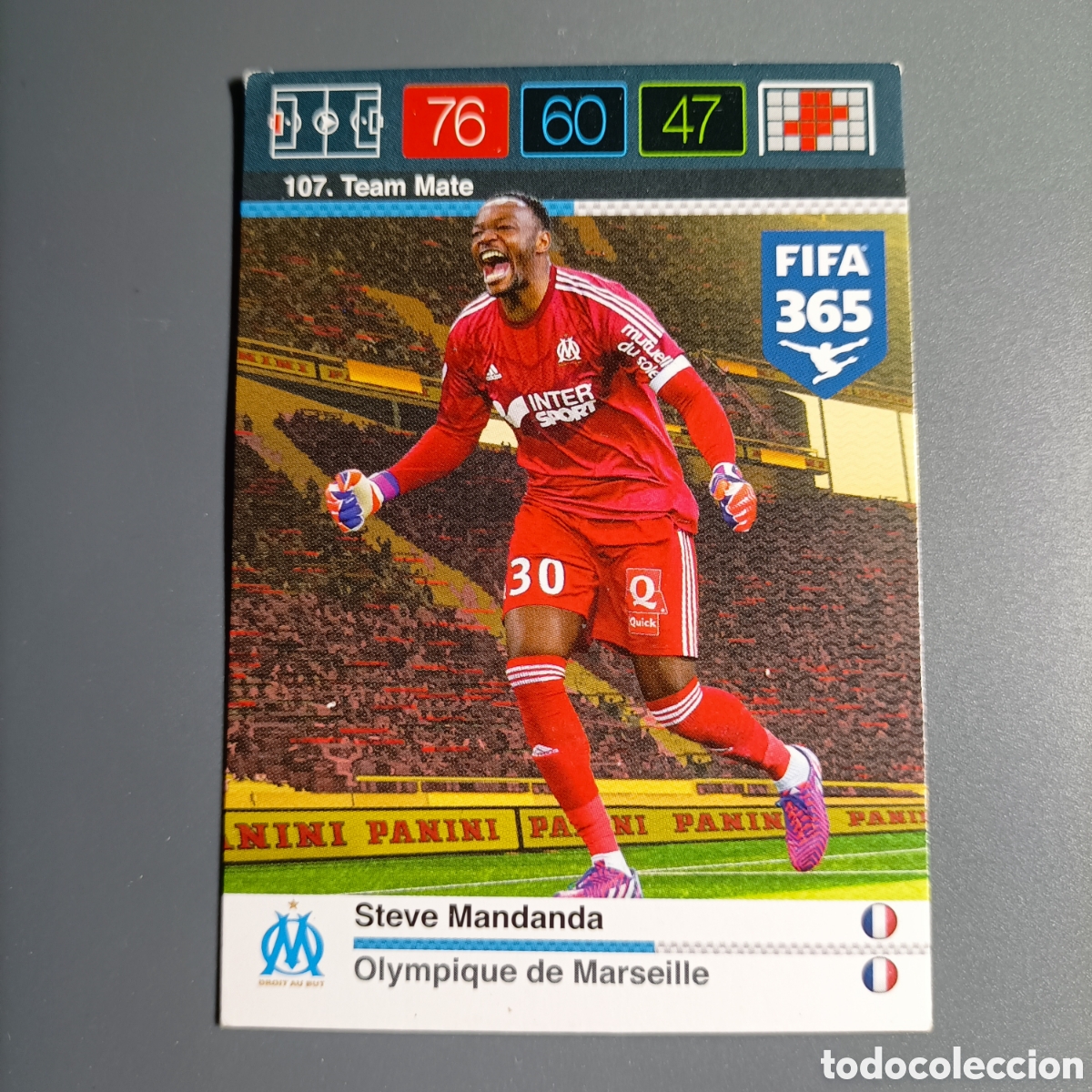 Cromos de f&uacute;tbol: CARD ADRENALYN XL FIFA 365 PANINI 2016 (OLYMPIQUE DE MARSEILLE) №107 STEVE MANDANDA