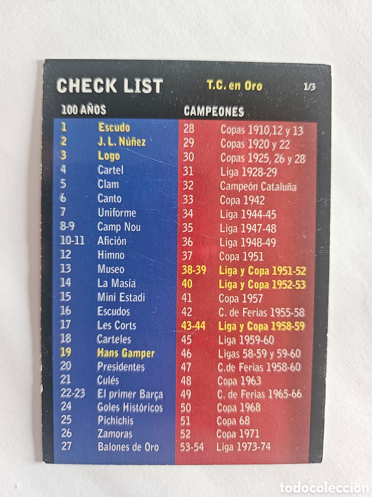 Cromos de f&uacute;tbol: INDICE. CHECK LIST 1/3. N&ordm; 248. 100 A&Ntilde;OS F.C. BARCELONA. 1899-1999. PANINI
