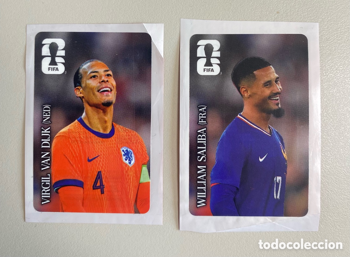 Cromos de f&uacute;tbol: Lote SALIBA (Francia) y Van Dijk (Holanda) promoci&oacute;n coca cola Mundial Fifa 2026