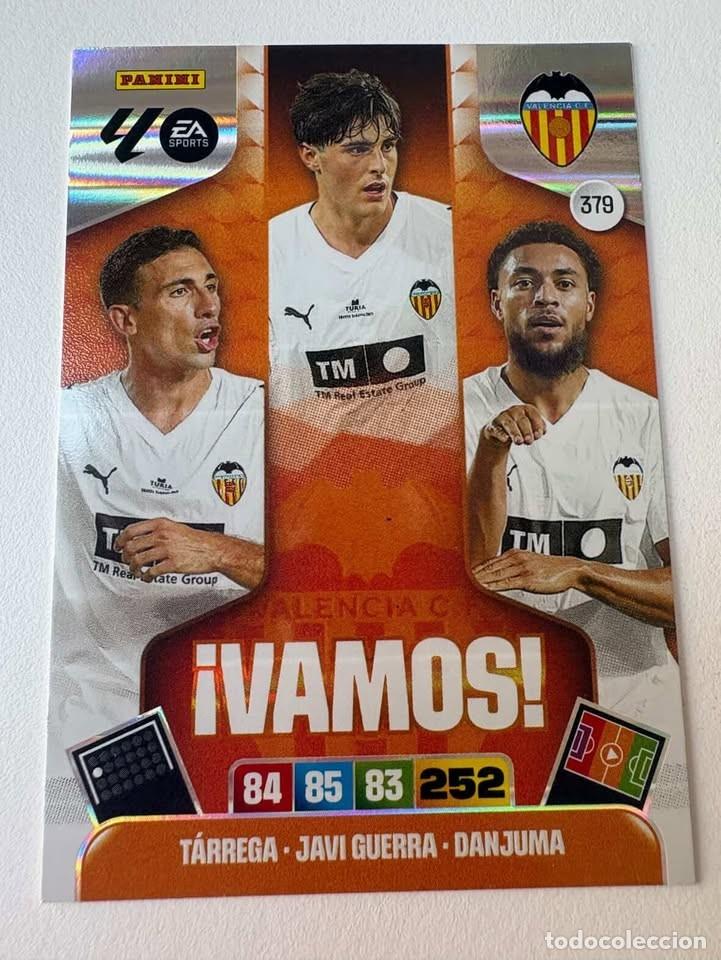 Cromos de f&uacute;tbol: Carta T&aacute;rrega/Javi Guerra/Danjuma Valencia Vamos 379 Adrenalyn 2025-26