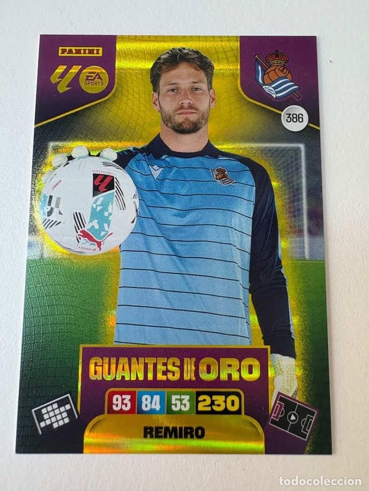 Cromos de f&uacute;tbol: Carta Remiro Guantes de Oro Real Sociedad 386 Adrenalyn 2025-26