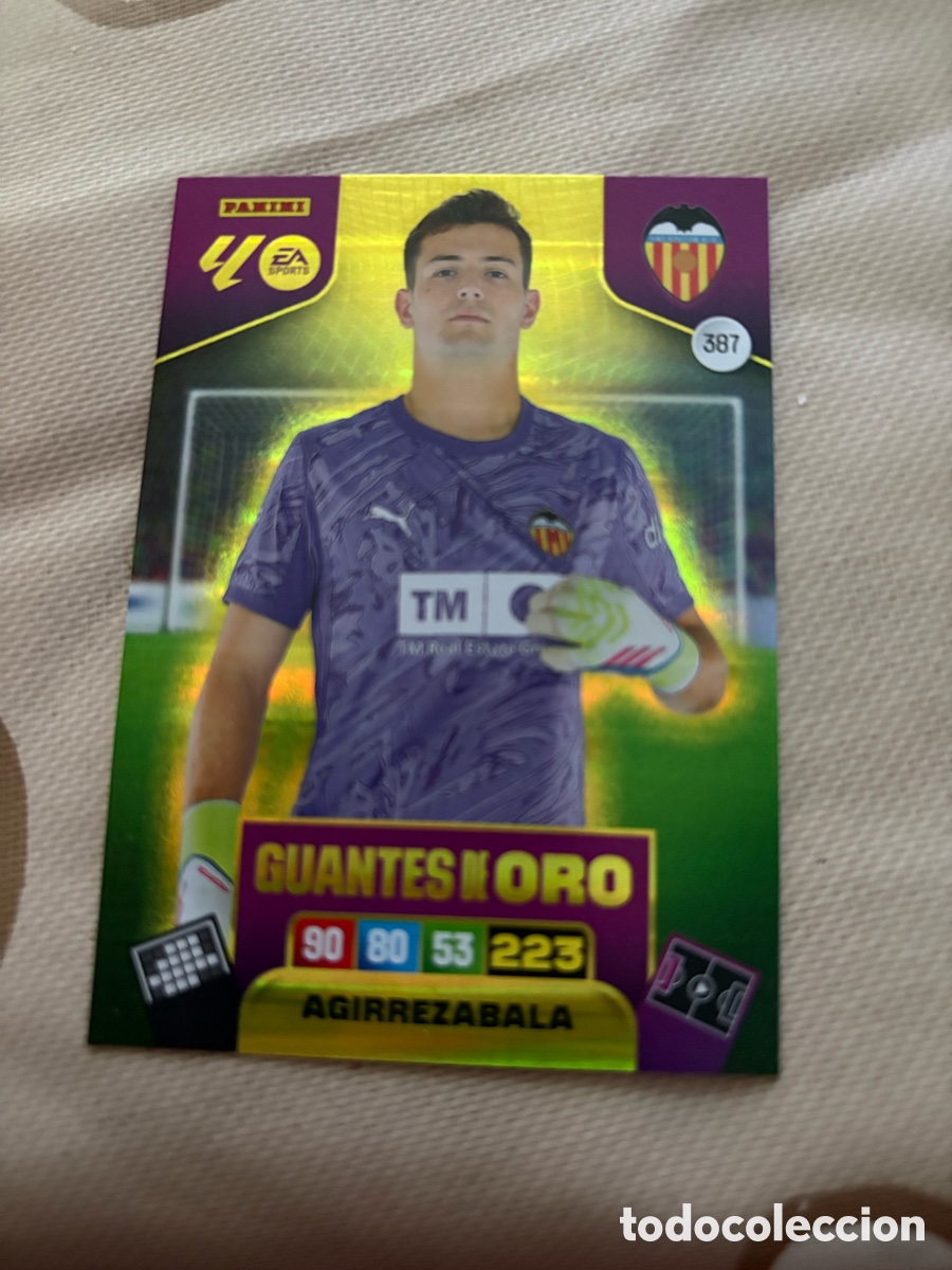 Cromos de f&uacute;tbol: A1189. Agirrezabala guantes de oro n&uacute;mero 387 del Valencia cromo adrenalyn XL 25-26 2025-2026