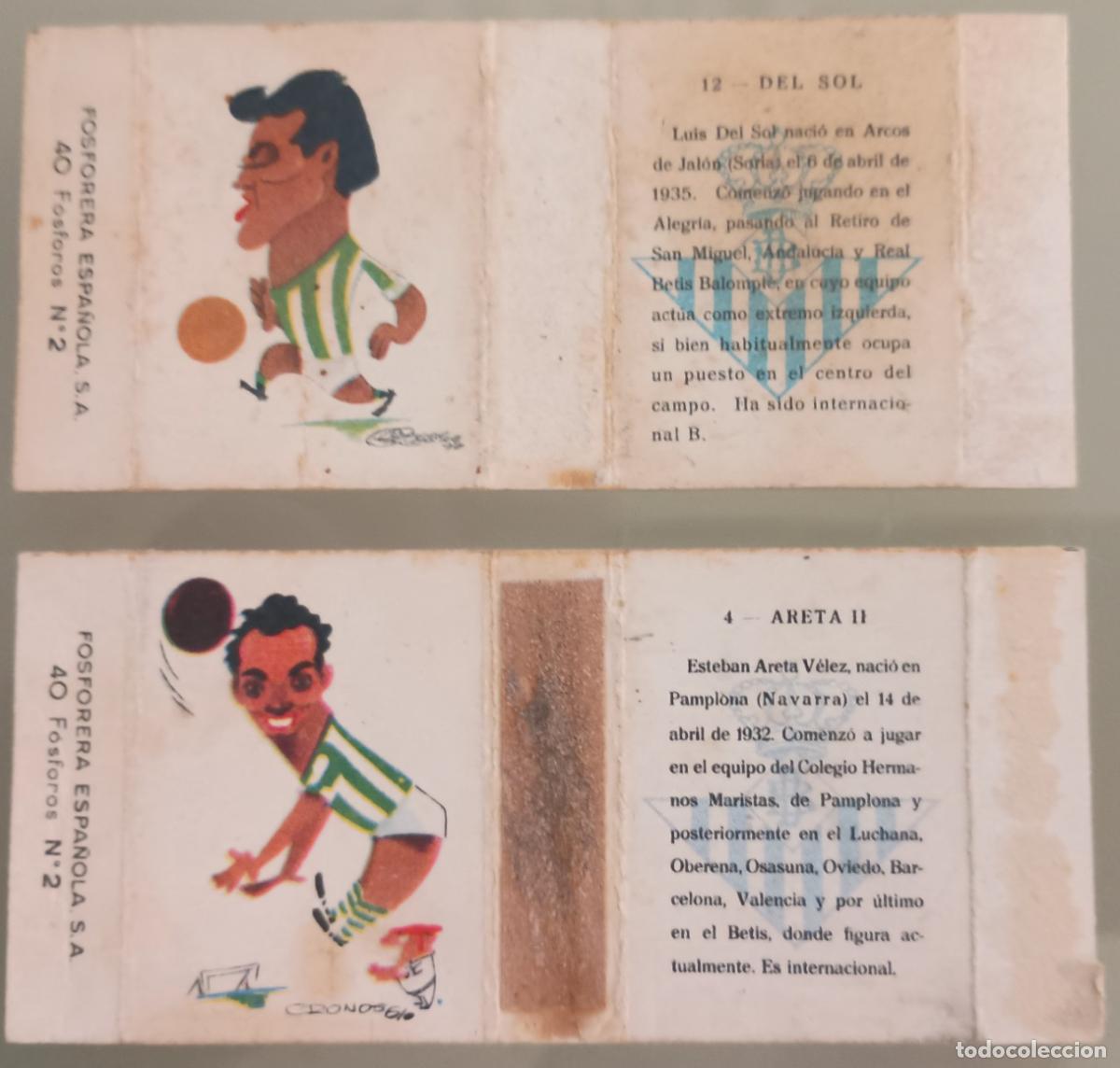 Cromos de f&uacute;tbol: Areta II y Del Sol (Real Betis) Cromos cajas de cerillas (Fosforera espa&ntilde;ola) Temporada 1959-60